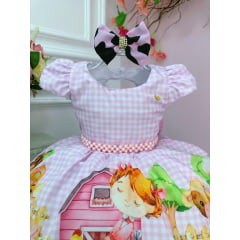 Vestido Infantil Rosa Fazendinha C/ Laço e Cinto de Pérolas