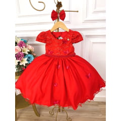 Vestido Infantil Vermelho Renda Aplique Flor Borboleta Laço