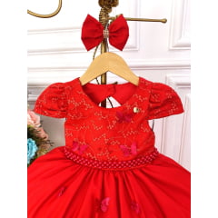 Vestido Infantil Vermelho Renda Aplique Flor Borboleta Laço