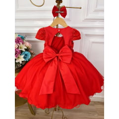 Vestido Infantil Vermelho Renda Aplique Flor Borboleta Laço