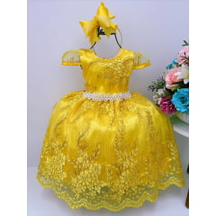 Vestido Infantil Amarelo Dourado com Renda e Cinto e Pérolas