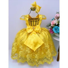Vestido Infantil Amarelo Dourado com Renda e Cinto e Pérolas