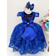 Vestido Infantil Azul Royal com Renda e Cinto e Pérolas
