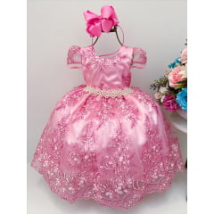 Vestido Infantil Rosa Chiclete Renda Realeza e Cinto Pérolas