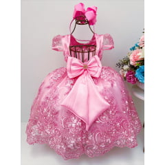 Vestido Infantil Rosa Chiclete Renda Realeza e Cinto Pérolas