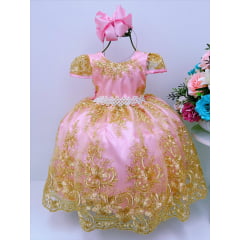 Vestido Infantil Rosa Dourado com Renda e Cinto