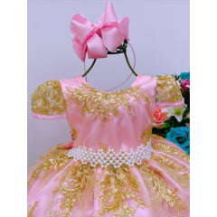 Vestido Infantil Rosa Dourado com Renda e Cinto
