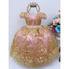Vestido Infantil Rosé Dourado com Renda e Cinto e Pérolas
