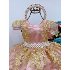 Vestido Infantil Rosé Dourado com Renda e Cinto e Pérolas