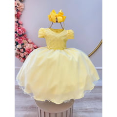 Vestido Infantil Amarelo Busto Nervura Strass Daminhas