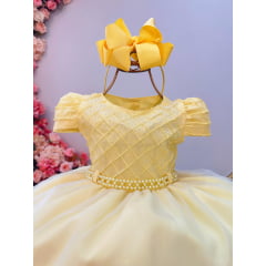 Vestido Infantil Amarelo Busto Nervura Strass Daminhas