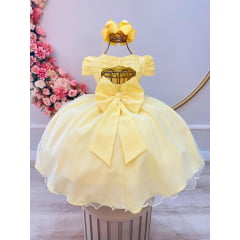 Vestido Infantil Amarelo Busto Nervura Strass Daminhas