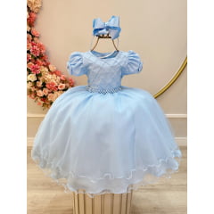 Vestido Infantil Azul Bebê Busto C/ Nervura Pérolas Daminhas