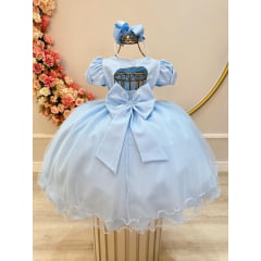 Vestido Infantil Azul Bebê Busto C/ Nervura Pérolas Daminhas