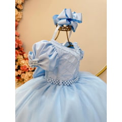 Vestido Infantil Azul Bebê Busto C/ Nervura Pérolas Daminhas