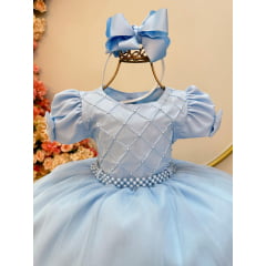 Vestido Infantil Azul Bebê Busto C/ Nervura Pérolas Daminhas