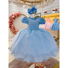 Vestido Infantil Azul Bebê Busto C/ Nervura Pérolas Daminhas