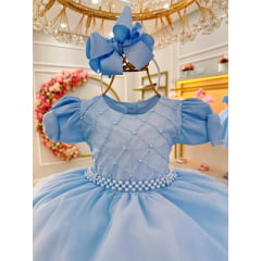 Vestido Infantil Azul Bebê Busto C/ Nervura Pérolas Daminhas