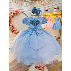 Vestido Infantil Azul Bebê Busto C/ Nervura Pérolas Daminhas