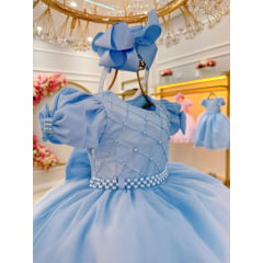 Vestido Infantil Azul Bebê Busto C/ Nervura Pérolas Daminhas