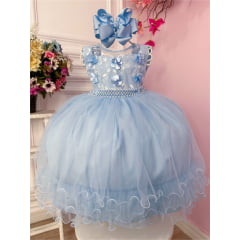 Vestido Infantil Azul Bebê C/ Aplique de Flores e Renda Luxo