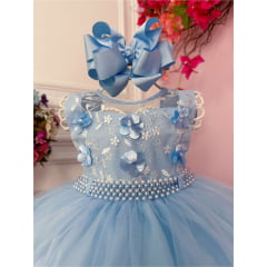 Vestido Infantil Azul Bebê C/ Aplique de Flores e Renda Luxo