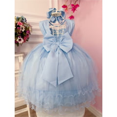 Vestido Infantil Azul Bebê C/ Aplique de Flores e Renda Luxo