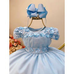 Vestido Infantil Azul Bebê C/ Busto Tule e Aplique de Flores