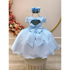 Vestido Infantil Azul Bebê C/ Busto Tule e Aplique de Flores