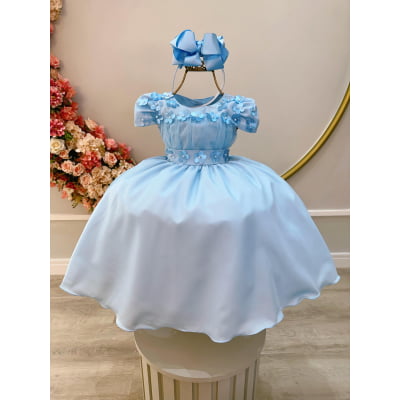 Vestido Infantil Azul Bebê C/ Busto Tule e Aplique de Flores