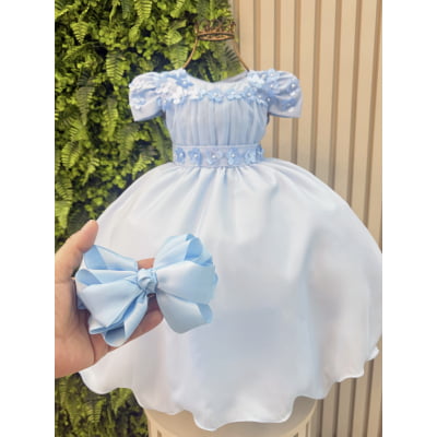 Vestido Infantil Azul Bebê C/ Aplique de Flores + Laço ou Tiara