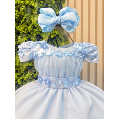 Vestido Infantil Azul Bebê C/ Aplique de Flores + Laço ou Tiara