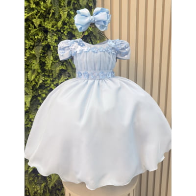 Vestido Infantil Azul Bebê C/ Aplique de Flores + Laço ou Tiara