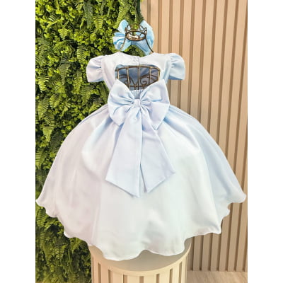 Vestido Infantil Azul Bebê C/ Aplique de Flores + Laço ou Tiara
