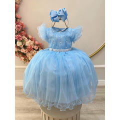 Vestido Infantil Azul Bebê C/ Cinto de Pérolas e Busto Damas