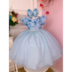 Vestido Infantil Azul Bebê C/ Peito Strass Florido Luxo