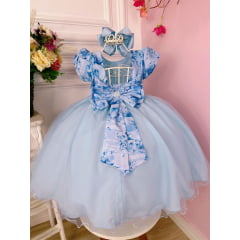 Vestido Infantil Azul Bebê C/ Peito Strass Florido Luxo