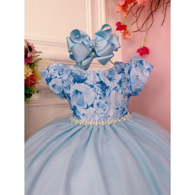 Vestido Infantil Azul Bebê C/ Peito Strass Florido Luxo
