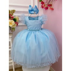 Vestido Infantil Azul Bebê Strass no Busto e Cinto de Pérolas
