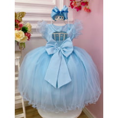 Vestido Infantil Azul Bebê Strass no Busto e Cinto de Pérolas