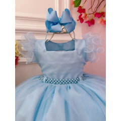 Vestido Infantil Azul Bebê Strass no Busto e Cinto de Pérolas