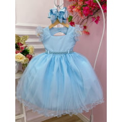 Vestido Infantil Azul Bebê Strass no Busto e Cinto de Pérolas