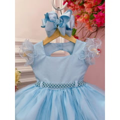 Vestido Infantil Azul Bebê Strass no Busto e Cinto de Pérolas