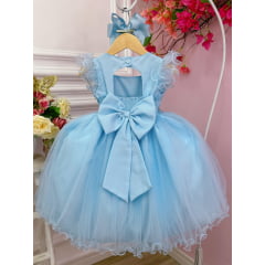 Vestido Infantil Azul Bebê Strass no Busto e Cinto de Pérolas