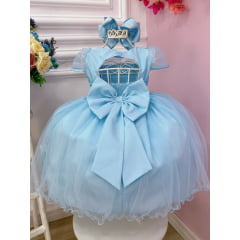 Vestido Infantil Azul Busto Plissado Com Flores Borboleta