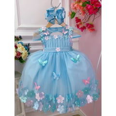 Vestido Infantil Azul Busto Plissado Com Flores Borboleta