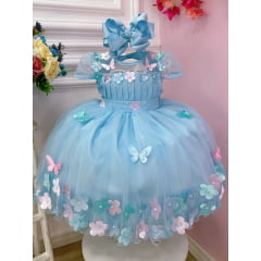 Vestido Infantil Azul Busto Plissado Com Flores Borboleta