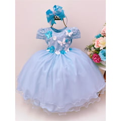 Vestido Infantil Azul C/ Renda e Aplique Borboletas e Flores