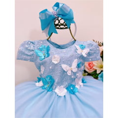 Vestido Infantil Azul C/ Renda e Aplique Borboletas e Flores