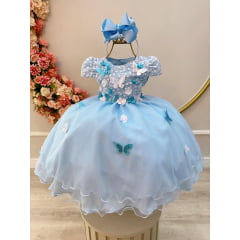 Vestido Infantil Azul C/ Renda e Aplique de Flores Borboletas